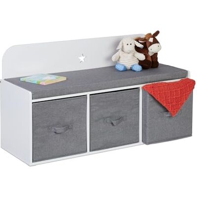 Relaxdays Barnbänk med förvaringsutrymme, HBT: 54 x 99 x 35 cm, barnrum och hall, sittbänk, vadderad, hallbänk, vit/grå Relaxdays Barnbänk med förvaringsutrymme, HBT: 54 x 99 x 35 cm, barnrum och hall, sittbänk, vadderad, hallbänk, vit/grå