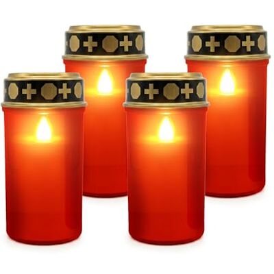 Relaxdays LED-gravljus, set om 4, flimrande låga, batteridriven, väderbeständig, plast, gravljus kyrkogård, röd Relaxdays LED-gravljus, set om 4, flimrande låga, batteridriven, väderbeständig, plast, gravljus kyrkogård, röd