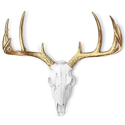 Wallcharmers Väggberlockers mini vit + guld horn fuskhjort skalle – 40 cm vit falsk taxidermy djurhuvud väggdekor – handgjord bondgårdsdekor Wallcharmers Väggberlockers mini vit + guld horn fuskhjort skalle – 40 cm vit falsk taxidermy djurhuvud väggdekor – handgjord bondgårdsdekor