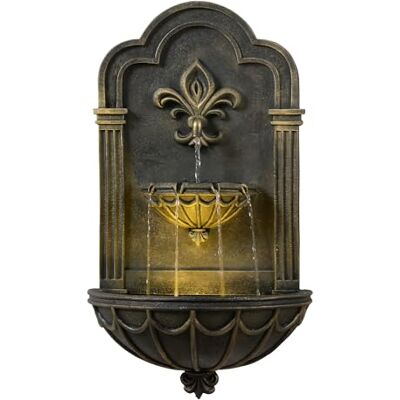 Teamson Home Fleur-de-Lis väggfontän utomhus 80 cm med integrerad LED-belysning och dekorativ svart-guldfinish Teamson Home Fleur-de-Lis väggfontän utomhus 80 cm med integrerad LED-belysning och dekorativ svart-guldfinish