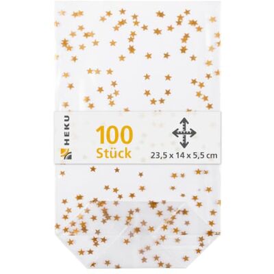 Heku förpackning med 100 transparent bottenpåse med gyllene stjärnor 235 x 140 x 55 mm I stabil korsbotten I slitstarkt polypropen material I perfekt för jul och hembakade kakor Heku förpackning med 100 transparent bottenpåse med gyllene stjärnor 235 x 140 x 55 mm I stabil korsbotten I slitstarkt polypropen material I perfekt för jul och hembakade kakor