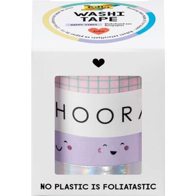 folia 26455 – Washi Tape HAPPY VIBES, 4 x 5 m, tejp av rispapper, hotfoil i 4 mönster, för pyssel, dekoration och dekoration folia 26455 – Washi Tape HAPPY VIBES, 4 x 5 m, tejp av rispapper, hotfoil i 4 mönster, för pyssel, dekoration och dekoration