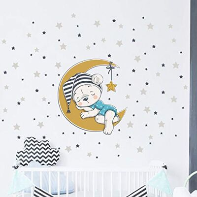 Ambiance Sticker Väggklistermärken för barn dekoration för babyrum väggklistermärken för barn björn på månen + 100 stjärnor väggklistermärke för pojkar H30x L30 cm Ambiance Sticker Väggklistermärken för barn dekoration för babyrum väggklistermärken för barn björn på månen + 100 stjärnor väggklistermärke för pojkar H30x L30 cm