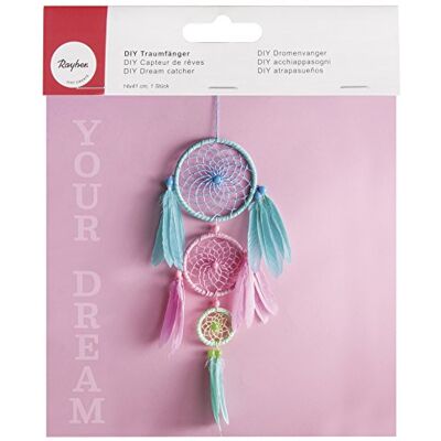 Rayher HOBBY 66048000 pysselset, drömfångare, av metallringar, träpärlor, bomullsgarn och fjädrar, längd 41 cm, bredd 14 cm, färgglad pastell, dekorativ hängare, väggdekoration, medel Rayher HOBBY 66048000 pysselset, drömfångare, av metallringar, träpärlor, bomullsgarn och fjädrar, längd 41 cm, bredd 14 cm, färgglad pastell, dekorativ hängare, väggdekoration, medel