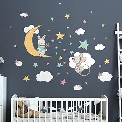 Ambiance Sticker Väggklistermärken för barn dekoration av barnkammaren väggklistermärken för kanin och mus på stjärnornas jakt H80 x L60 cm Ambiance Sticker Väggklistermärken för barn dekoration av barnkammaren väggklistermärken för kanin och mus på stjärnornas jakt H80 x L60 cm