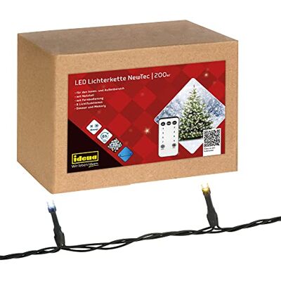 Idena 31269 – NewTec LED-ljuskedja med 200 LED i vitt och varmt vitt, med 8 ljus-, 4 dimmer- och minnesinställningar, 8 timmars timerfunktion, som dekoration för fester, jul och bröllop Idena 31269 – NewTec LED-ljuskedja med 200 LED i vitt och varmt vitt, med 8 ljus-, 4 dimmer- och minnesinställningar, 8 timmars timerfunktion, som dekoration för fester, jul och bröllop