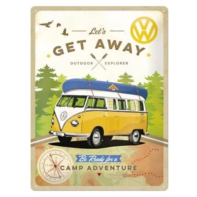 ART Plåtskylt i retrostil, Volkswagen Bulli – Let's Get Away – Presentidé för VW-buss, av metall, Deko vintagedesign, 30 x 40 cm ART Plåtskylt i retrostil, Volkswagen Bulli – Let's Get Away – Presentidé för VW-buss, av metall, Deko vintagedesign, 30 x 40 cm