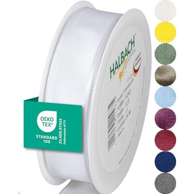 Halbach sidenband premium presentband med trådkant bredd 25 mm längd 25 m Öko-Tex 100 certifierat band Taftband Made in Germany, färg: vit Halbach sidenband premium presentband med trådkant bredd 25 mm längd 25 m Öko-Tex 100 certifierat band Taftband Made in Germany, färg: vit