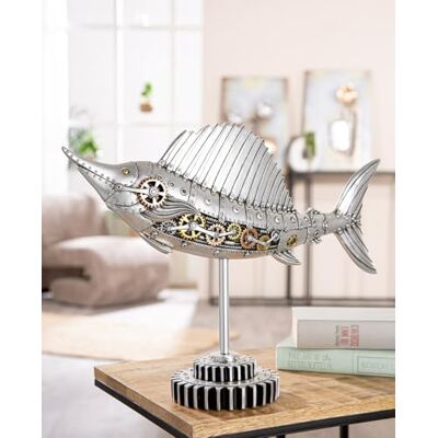 GILDE Figur steampunk segelfisk av konstharts, silverfärger, antikfinish, kugghjulsmotiv, 36 cm hög, 50 cm bred GILDE Figur steampunk segelfisk av konstharts, silverfärger, antikfinish, kugghjulsmotiv, 36 cm hög, 50 cm bred