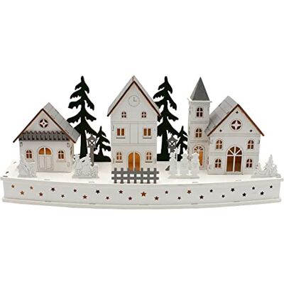 Dekohelden24 , Vit vinterscen av trä med LED, grå och grön, storlek L/B/H 12 x 44 x 19 cm, 44 cm Dekohelden24 , Vit vinterscen av trä med LED, grå och grön, storlek L/B/H 12 x 44 x 19 cm, 44 cm