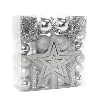 HEITMANN DECO Julgranssmycken – silver – 45 delar – set inklusive trädspets, kulor, pärlkedjor och kransar – plast HEITMANN DECO Julgranssmycken – silver – 45 delar – set inklusive trädspets, kulor, pärlkedjor och kransar – plast
