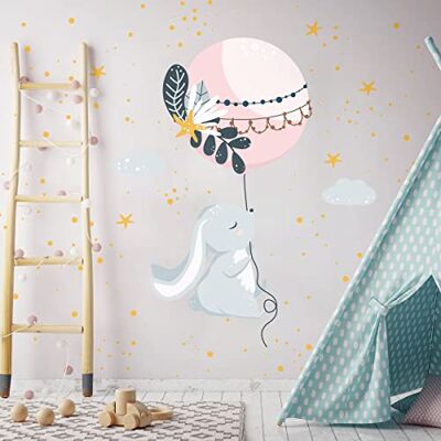 Ambiance Sticker Väggdekaler för barn – väggdekoration för barn – väggklistermärke för barn – indisk kanin och magisk ballong – H90 x L60 cm Ambiance Sticker Väggdekaler för barn – väggdekoration för barn – väggklistermärke för barn – indisk kanin och magisk ballong – H90 x L60 cm
