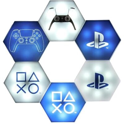 Paladone Hexagon LED-lampor, Playstation – fristående eller för väggmontering, justerbar dekoration för spelrummet med fjärrstyrt ljusbyte och musikreaktiva lägen Paladone Hexagon LED-lampor, Playstation – fristående eller för väggmontering, justerbar dekoration för spelrummet med fjärrstyrt ljusbyte och musikreaktiva lägen