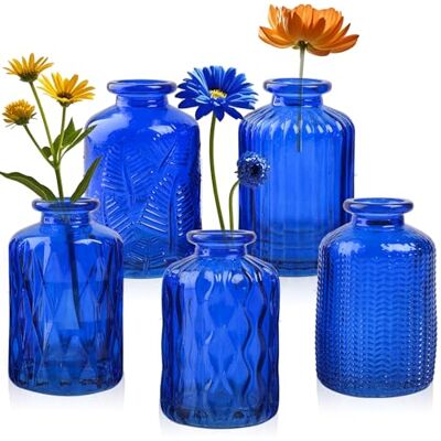 eleganttime Cobalt Blue Glass Bud Vase Small Flower Vase Mini Bottle with Cork Wire Handle Design for Deco Cafes, Office Table, Home and Garden(Set 5) eleganttime Cobalt Blue Glass Bud Vase Small Flower Vase Mini Bottle with Cork Wire Handle Design for Deco Cafes, Office Table, Home and Garden(Set 5)