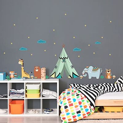 Ambiance Sticker Väggdekaler för barn – väggdekoration för barn – väggklistermärke för barn – indiska djur under stjärnhimmel H60 x B 90 cm Ambiance Sticker Väggdekaler för barn – väggdekoration för barn – väggklistermärke för barn – indiska djur under stjärnhimmel H60 x B 90 cm