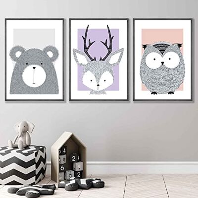ARTZE Wall Art Barnkammare skogsdjur konsttryck 3-delat set, 30 cm bredd x 40 cm höjd, rosa/lila ARTZE Wall Art Barnkammare skogsdjur konsttryck 3-delat set, 30 cm bredd x 40 cm höjd, rosa/lila