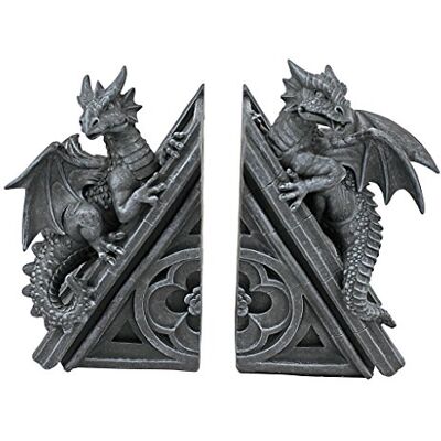 Design Toscano CL55773 slott drake gotisk dekor dekorativ bokstöd statyer, 20,25 cm, set med två, polyresin, grå sten Design Toscano CL55773 slott drake gotisk dekor dekorativ bokstöd statyer, 20,25 cm, set med två, polyresin, grå sten