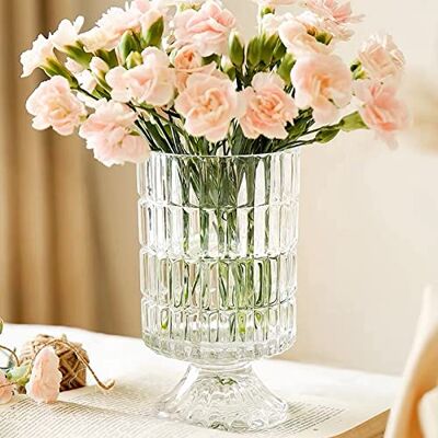 BLOFLO STU BLOFLO Glasvas, präglad, 18 cm, av kristallglas, piedestal med stor bas, glasbukettvas, hydroponisk, transparent vas för hem, kontor, bröllop, matbord och fest (ribbat mönster) BLOFLO STU BLOFLO Glasvas, präglad, 18 cm, av kristallglas, piedestal med stor bas, glasbukettvas, hydroponisk, transparent vas för hem, kontor, bröllop, matbord och fest (ribbat mönster)