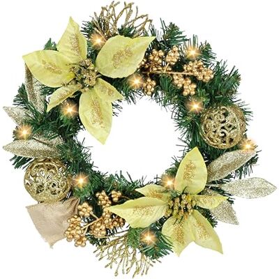 Flair Flower Dekorativ julkrans med LED-belysning, Poinsettia, bär, grangrenar, julgranskulor, 30 cm, dekoration, krans, adventskrans, dörrkrans, grankrans, blomkrans, julblomma, julstjärna, julstjärna Flair Flower Dekorativ julkrans med LED-belysning, Poinsettia, bär, grangrenar, julgranskulor, 30 cm, dekoration, krans, adventskrans, dörrkrans, grankrans, blomkrans, julblomma, julstjärna, julstjärna