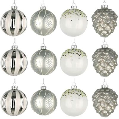 SHATCHI 12 st/80 mm glasgranskulor julgran bollar sfärer hängande ornament set blandade mönster julgransdekorationer, silver, vit SHATCHI 12 st/80 mm glasgranskulor julgran bollar sfärer hängande ornament set blandade mönster julgransdekorationer, silver, vit