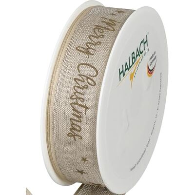 Halbach Sidenband premium presentband jul av linne bredd 25 mm längd 15 m julband med tråd för presenter och julgran Tillverkad i Tyskland, färg: natur/linne Halbach Sidenband premium presentband jul av linne bredd 25 mm längd 15 m julband med tråd för presenter och julgran Tillverkad i Tyskland, färg: natur/linne