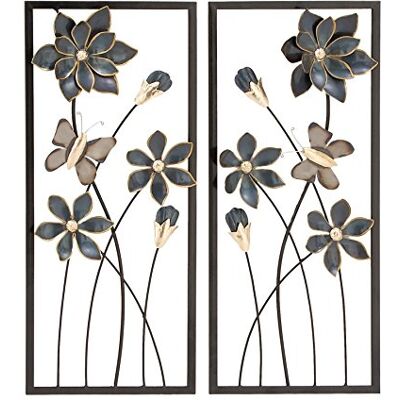 Deco 79 Metal Floral Home Wall Decor Wall Sculpture with Black Frames and Butterfly Accents, Set of 2 Wall Art 12"W, 28"H, Teal Deco 79 Metal Floral Home Wall Decor Wall Sculpture with Black Frames and Butterfly Accents, Set of 2 Wall Art 12"W, 28"H, Teal