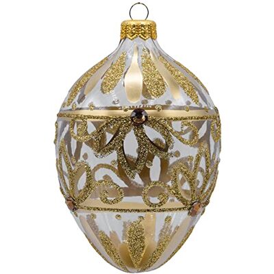 VITBIS Glas-äggkula 11 cm handgjord vacker julgranspynt i Fabergé-stil, unik dekoration i guldfärg VITBIS Glas-äggkula 11 cm handgjord vacker julgranspynt i Fabergé-stil, unik dekoration i guldfärg