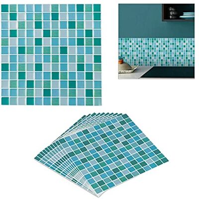Relaxdays Kakelklistermärken, set 10, mosaikutseende, lim, kök, badrum, 23,5 x 23,5 cm, 3D-väggpanel, grön Relaxdays Kakelklistermärken, set 10, mosaikutseende, lim, kök, badrum, 23,5 x 23,5 cm, 3D-väggpanel, grön