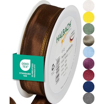 Halbach sidenband premium presentband med trådkant bredd 25 mm längd 25 m Öko-Tex 100 certifierat band Taftband Made in Germany, färg: mörkbrun Halbach sidenband premium presentband med trådkant bredd 25 mm längd 25 m Öko-Tex 100 certifierat band Taftband Made in Germany, färg: mörkbrun