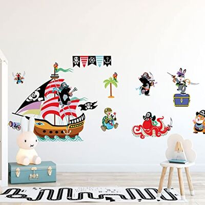 Ambiance Sticker Väggdekaler för barn, dekoration, babyrum, väggdekal, barnrum, väggdekal, piratdjur, erövra skatten, H60 x B 90 cm Ambiance Sticker Väggdekaler för barn, dekoration, babyrum, väggdekal, barnrum, väggdekal, piratdjur, erövra skatten, H60 x B 90 cm