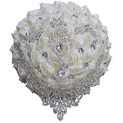 Qikegoods Qike Handgjord lyxig bröllopsbrud bukett stor siden ros som håller kasta konstgjorda blommor buketter med satinband pärlor strass för brud vintage kunglig bröllopsbukett (elfenben) Qikegoods Qike Handgjord lyxig bröllopsbrud bukett stor siden ros som håller kasta konstgjorda blommor buketter med satinband pärlor strass för brud vintage kunglig bröllopsbukett (elfenben)