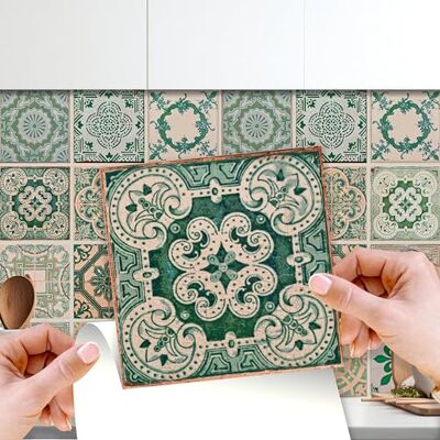 WALPLUS 24 stycken 15 x 15 cm vintage grön antik azulejo väggkakel klistermärken kök vägg självhäftande kakel kök badrum dekoration kakelfolie kakeldekaler WALPLUS 24 stycken 15 x 15 cm vintage grön antik azulejo väggkakel klistermärken kök vägg självhäftande kakel kök badrum dekoration kakelfolie kakeldekaler