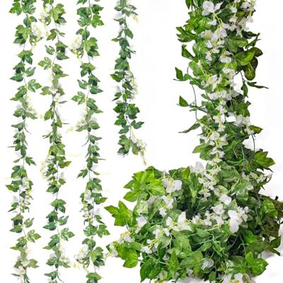 Mavee 4 st 18 cm (7,2 fot) konstgjord blomma, vinstockar, silke, blåregn, girlang, hängande rotting med murgrönablad för bröllop, heminredning (vit) Mavee 4 st 18 cm (7,2 fot) konstgjord blomma, vinstockar, silke, blåregn, girlang, hängande rotting med murgrönablad för bröllop, heminredning (vit)