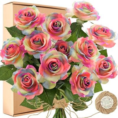 FiveSeasonStuff falska rosor bröllopsblommor äkta känsla silke regnbåge konstgjorda blommor 12 stjälkar FiveSeasonStuff falska rosor bröllopsblommor äkta känsla silke regnbåge konstgjorda blommor 12 stjälkar