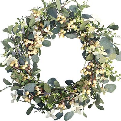 Bibelot konstgjorda gröna blad eukalyptuskrans, bärkrans för vår, sommar, ytterdörr fönster hängande vägg festdekorationer (50 cm) Bibelot konstgjorda gröna blad eukalyptuskrans, bärkrans för vår, sommar, ytterdörr fönster hängande vägg festdekorationer (50 cm)