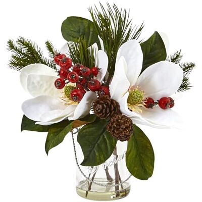 Nearly Natural Nästan naturlig magnolia, tall och bär semesterarrangemang i glasvas, vit, 14,25 x 7,25 x 8,25 tum Nearly Natural Nästan naturlig magnolia, tall och bär semesterarrangemang i glasvas, vit, 14,25 x 7,25 x 8,25 tum