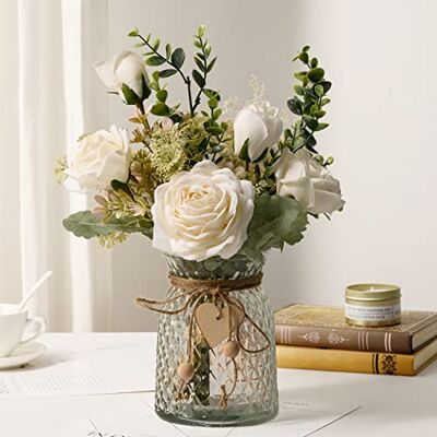 YJ rosbukett med glasvas, falska blommor gröna växter, silkesrosbukett, blomsterarrangemang, bukett i vas, dekoration för hemmakontor, matbord (vit) YJ rosbukett med glasvas, falska blommor gröna växter, silkesrosbukett, blomsterarrangemang, bukett i vas, dekoration för hemmakontor, matbord (vit)