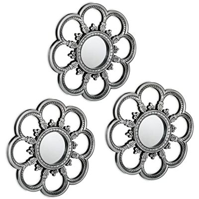 Relaxdays Spegel uppsättning av 3 blommor, runda dekorativa speglar, vardagsrum, hall, dekorativ spegel, Ø 26 cm, plastram, silver Relaxdays Spegel uppsättning av 3 blommor, runda dekorativa speglar, vardagsrum, hall, dekorativ spegel, Ø 26 cm, plastram, silver