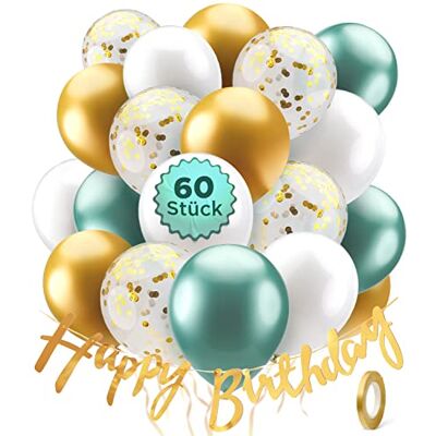 Balloono Set med 60 ballonger födelsedag med Happy Birthday-banderoll – all-i-ett födelsedagsdekoration – dekoration födelsedag – ballonger födelsedag – grön guld vit Balloono Set med 60 ballonger födelsedag med Happy Birthday-banderoll – all-i-ett födelsedagsdekoration – dekoration födelsedag – ballonger födelsedag – grön guld vit