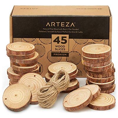 ARTEZA Träskivor (45 delar) med bark naturlig oavslutad tall 6 cm – 7 cm diameter slät vacker sandad yta inkluderar 150 cm naturligt jutesnöre för konst, hantverk, bröllop, prydnader, gör-det-själv ARTEZA Träskivor (45 delar) med bark naturlig oavslutad tall 6 cm – 7 cm diameter slät vacker sandad yta inkluderar 150 cm naturligt jutesnöre för konst, hantverk, bröllop, prydnader, gör-det-själv