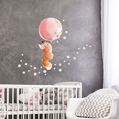 Ambiance Sticker Väggklistermärken för barn dekoration av barnkammaren väggklistermärken räv och ballong + 60 blommor H30 x L35 cm Ambiance Sticker Väggklistermärken för barn dekoration av barnkammaren väggklistermärken räv och ballong + 60 blommor H30 x L35 cm