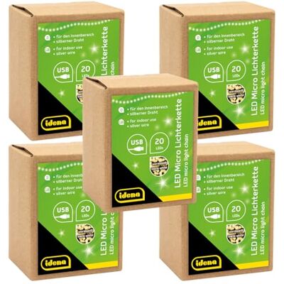 Idena 30256-5 – LED-mikroljusslinga med 20 lysdioder i varmvit, 5 stycken, med USB-kontakt, 1,25 m lång, dekoration för inomhus, för pyssel, som festdekoration, juldekoration, bröllop Idena 30256-5 – LED-mikroljusslinga med 20 lysdioder i varmvit, 5 stycken, med USB-kontakt, 1,25 m lång, dekoration för inomhus, för pyssel, som festdekoration, juldekoration, bröllop