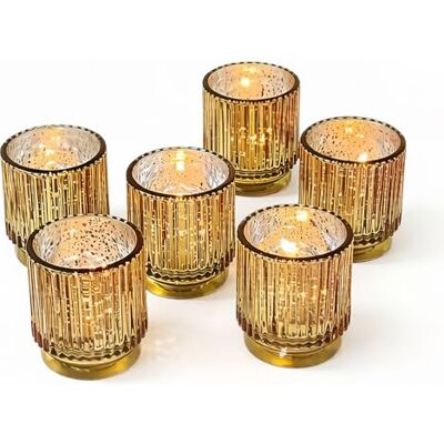 Kate Aspen Guld vintage ribbat glas värmeljus lykta ljushållare av (set med 6), höstdekor, boho-dekor, hylldekoration perfekt värdinnegåva eller heminredning Kate Aspen Guld vintage ribbat glas värmeljus lykta ljushållare av (set med 6), höstdekor, boho-dekor, hylldekoration perfekt värdinnegåva eller heminredning