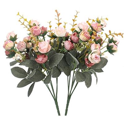 Duovlo 7 gren 21 huvuden konstgjorda blommor bukett mini ros bröllop hem kontor dekor, paket med 2 (2 st rosa) Duovlo 7 gren 21 huvuden konstgjorda blommor bukett mini ros bröllop hem kontor dekor, paket med 2 (2 st rosa)