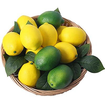 VEOAY Konstgjorda citroner, 8,9 cm x 6,2 cm fuskcitron falska limefrukter med blad, naturtrogen falsk citron dekor för köksbord skåp fest, plastfrukt fotografi rekvisita 36 st VEOAY Konstgjorda citroner, 8,9 cm x 6,2 cm fuskcitron falska limefrukter med blad, naturtrogen falsk citron dekor för köksbord skåp fest, plastfrukt fotografi rekvisita 36 st