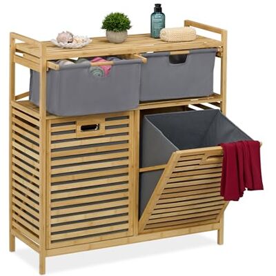 Relaxdays tvättkorgställ, 2 tygkorgar, 40 L vardera, 2 lådor, bambu, tvättsorterare, 95 x 88 x 33 cm, naturlig/grå, polyester Relaxdays tvättkorgställ, 2 tygkorgar, 40 L vardera, 2 lådor, bambu, tvättsorterare, 95 x 88 x 33 cm, naturlig/grå, polyester