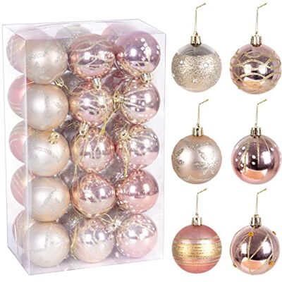 AGM 30 stycken julgranskulor, 6 cm, julgransprydnader, okrossbara glitterornament, hängande kula för fester, bröllop, festivaler (roséguld) AGM 30 stycken julgranskulor, 6 cm, julgransprydnader, okrossbara glitterornament, hängande kula för fester, bröllop, festivaler (roséguld)