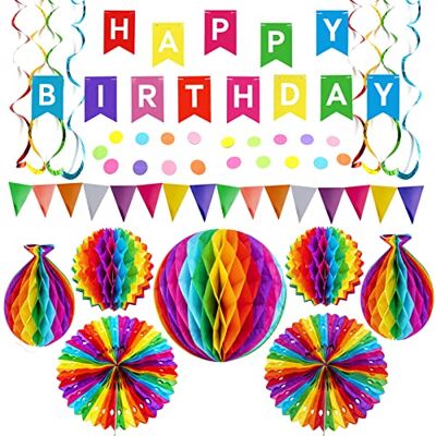 Noa Home Deco Födelsedagsdekorationsset med Happy Birthday-girlang, färgglad vimpelgrilang, bikakebollar, solfjädrar i papper och pompomsdekoration, dekoration för barnkalas, återanvändbara festtillbehör Noa Home Deco Födelsedagsdekorationsset med Happy Birthday-girlang, färgglad vimpelgrilang, bikakebollar, solfjädrar i papper och pompomsdekoration, dekoration för barnkalas, återanvändbara festtillbehör
