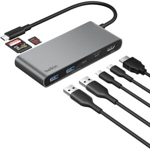 Belkin USB-C Hubb, Hubb med sju portar, MicroSD och 4K HDMI vid 60 Hz, SD- och MicroSD, 100 W PD, snabb dataöverföring 5 Gbit/s, USB-C adapter för MacBook, iPad Pro, Chromebook, m.fl. HDMI 2.0 Grå Belkin USB-C Hubb, Hubb med sju portar, MicroSD och 4K HDMI vid 60 Hz, SD- och MicroSD, 100 W PD, snabb dataöverföring 5 Gbit/s, USB-C adapter för MacBook, iPad Pro, Chromebook, m.fl. HDMI 2.0 Grå