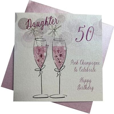 White Cotton Cards vita bomullskort rosa champagne, dotter 50 för att fira glad handgjord 50-årskort vit, WBA50P-D White Cotton Cards vita bomullskort rosa champagne, dotter 50 för att fira glad handgjord 50-årskort vit, WBA50P-D